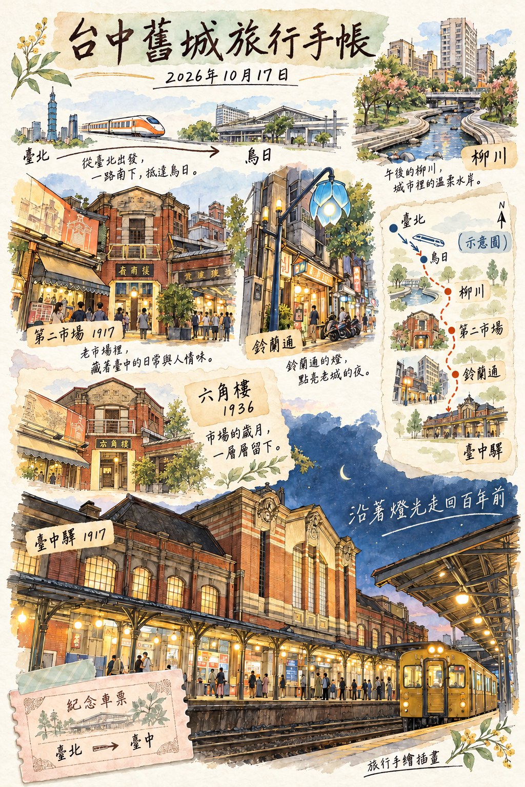 台中舊城旅行手帳 AI 插畫